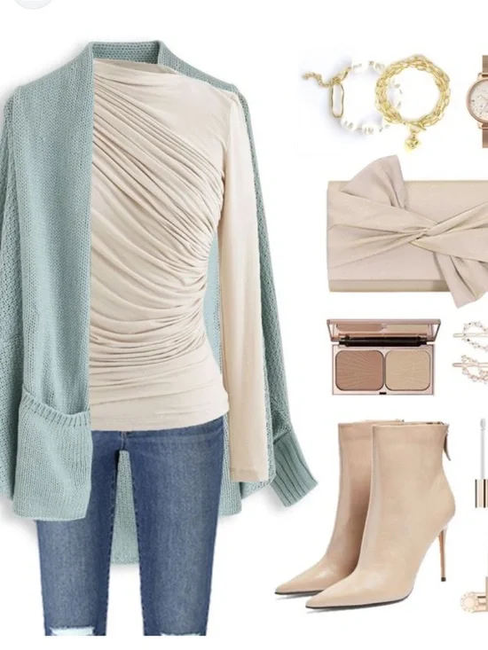 Long Sleeve Draped Neck Top in Light Beige - Picture 16 of 17